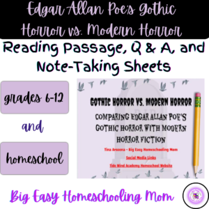 Thumbnail Cover - Edgar Allan Poe's Gothic Horros vs Modern Horror Reading Passage, Q & A, and Note-Taking Sheets